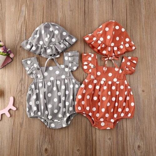 New Fashion Newborn Infant Baby Girl Cute Long Sleeve Jumpsuit Romper +Dot Print Hat Clothes Causal Summer Outfits Set 0-24M