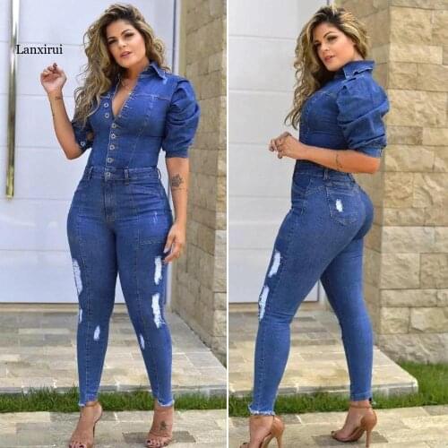 Spring Puff Shoulder Zip Women Jumpsuit Stacked Sleeve Puff Sleeve Fashion Casual Sexy Denim Ripped Jumpsuit