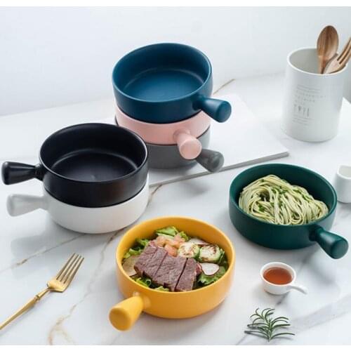 TECHOME Kitchen Multipurpose Baked Rice Bowl Ceramic Bowl with Handle Baking Grilled Bowl Pasta Plate Handle Household Tableware