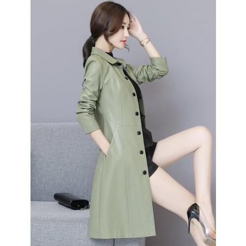 Spring New Genuine Leather Lapel Jacket Womens Mid-length Slim Korean Fashion Wild Sheepskin Windbreaker Single-breasted Coat