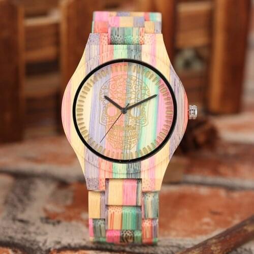 Quartz Wooden Watch Unique Skeleton Pattern Dial Wooden Watches Colorful Bamboo Wood Band Women Bangle Watch Mens Wrist Watches