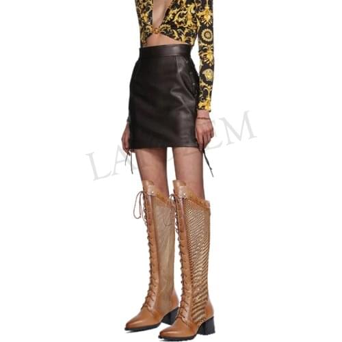 LAIGZEM Women Knee High Boots 6CM Summer Block Chunky Heels Boots Genuine Leather Shoes Woman Zapatos Mujer Large Size 39 40 42