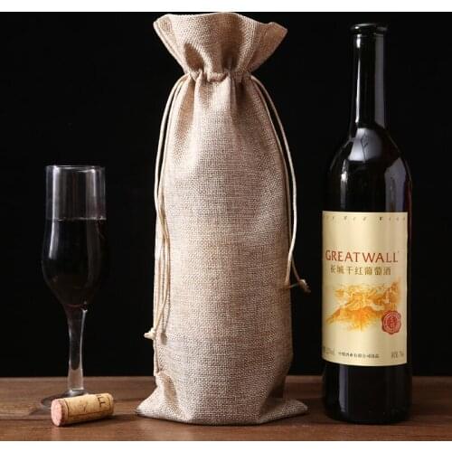 Linen Wine Gift Bag 20pcs 15x35cm Gold Thread Drawstring Single Bottle Wine Pouches Gift bags for Party wedding Festival