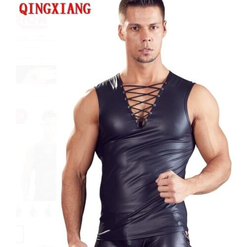 M-2XL 2021 Fashion Faux Leather Men Sexy Fitness Tops Tees Sleeveless Bandage Neck Vest Matte PU Night Club Perform T Shirts