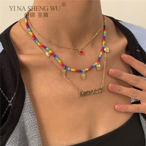 Handmade Multilayer Bead Pendant Necklace Bohemian Fashion Statement Collier Party Letter Accessories Necklace Femme Women New