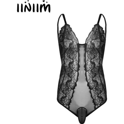 Mens Sissy Teddies Bodystocking Sheer Transparent Crossdress Lace Jockstraps Pouch Bodysuit Catsuit Lingerie Night Sleepwear
