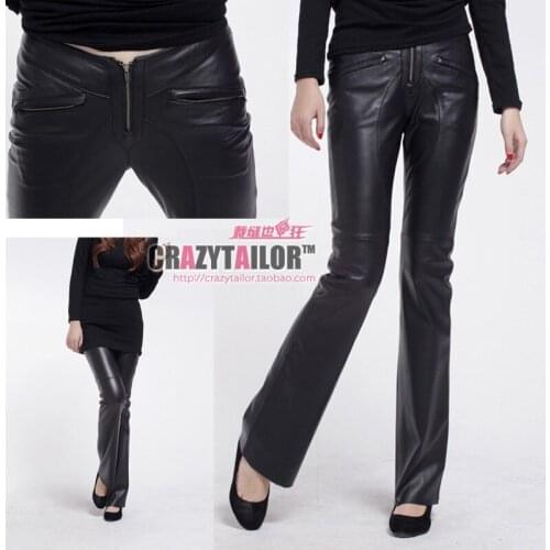 New !! Womens Brand Fashion Slim Bell Bottom Pants High Quality Imitate Sheepskin Leather Trousers . Can Be Customized