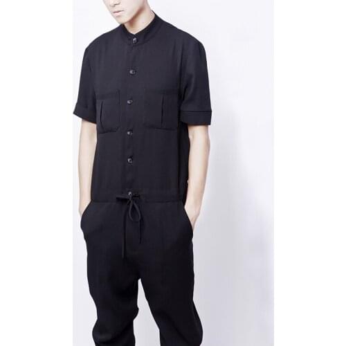 27-44 Big yards jumpsuits 2018 Original design loose black male Women pocket short-sleeve tooling one piece trousers casual