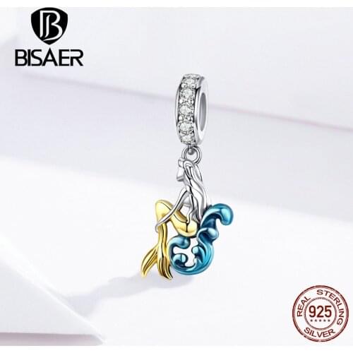 BISAER Mermaids Charms 925 Sterling Silver Mermaid Waiting Prince Story Charms Beads fit Girls Bracelets DIY Jewelry ECC1166