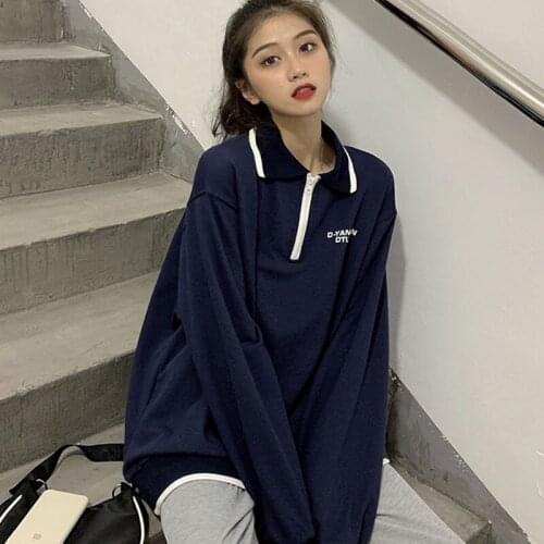 Polo Collar Vintage Hoodies Oversized Women Sweatshirt Korea 2020 Autumn Thin Loose Hoodie Harajuku Long Sleeve Top For Teens
