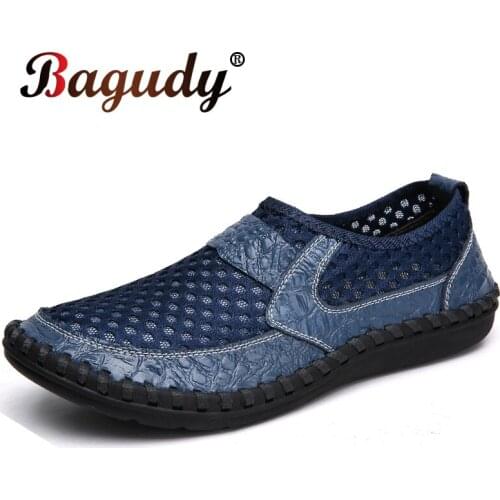 Fashion Mens Net Shoes Genuine Leather Summer Casual Men Sandals Men Loafers Shoes Lazy Style Breathable Outdoor Flat Shoes Big