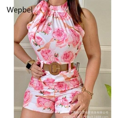 Wepbel Casual Shorts Suit Sleeveless White Women Sets Outfits Flower Print Crop Tops High Waist Shorts Sets 2 Piece Sets
