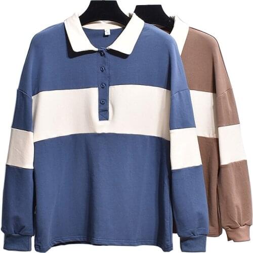 PERHAPS U Women Knitted Turn Down Collar Long Sleeve Striped Khaki Blue Loose Top Winter Autumn Casual Sweatshirt Pullover H0060