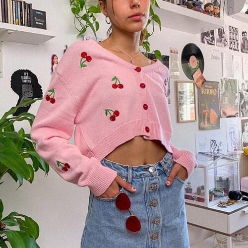 V Neck Long Sleeve Knitted Cardigan Sweater Women Autumn Streetwear 90s Knitwear Preppy Style Cherry Sweater Blouse