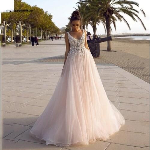 Summer beach wedding dress v-neck light pink tulle applique beaded A-line princess wedding dress backless long dress BrideDress
