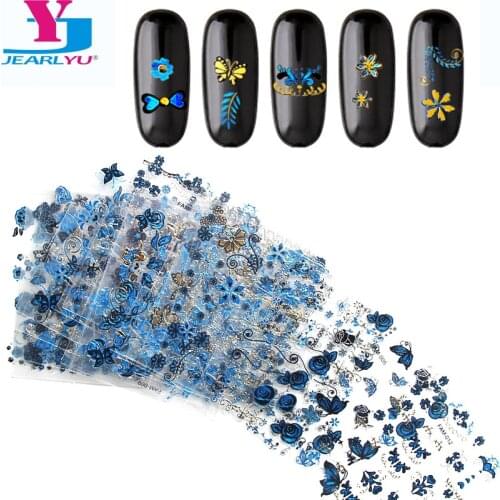 15 Sheets Gold Butterfly Blue Nail Art Stickers Nail Polish Strips Nail Art Design Decorations Self Adhesive Wrap Styling Tools