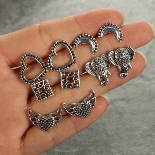 5paris per set Various Retro Heart Moon Square Elephant Vintage Stud Earring pack