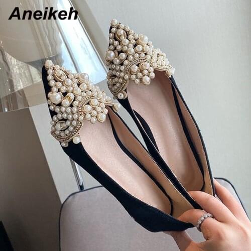Aneikeh2021 Autumn New Suede Bead String Decorative Lefu Shoes Fashion Leisure Shallow Mouth Pointed Low Heel Womens Flat Shoes