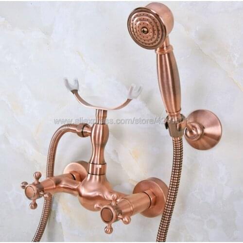 Antique Red Copper Bathroom Shower Faucet Bath Faucet Mixer Tap With Hand Shower Head Set Wall Mounted Kna344