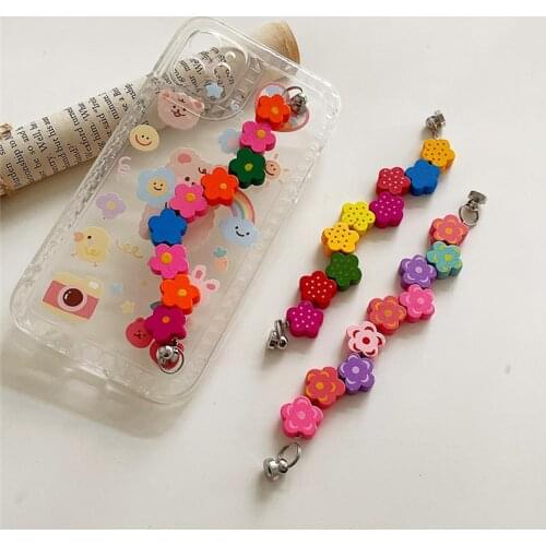 AOMU Korea Colorful Wooden Painted Flowers Cartoon Chain Detachable Lanyard Mobile Phone Chain for Couples Phone Accessories