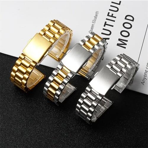 Universal Solid Stainless Steel Watchband 18mm 20mm Silver Gold Straight End Folding Clasp Bracelet For ENICAR ORIENT Brands