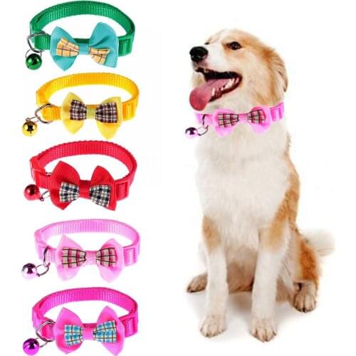 Colorful Plaid Bow Dog Collar Adjustable Buckle Puppy Kitten Nylon Necklace With Bell Pendant Pet Supplies Cat Accessories