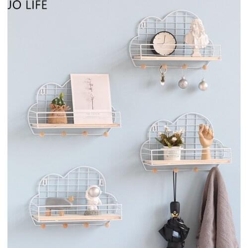 JO LIFE Iron Art Wall Mounted Decoration Storage Rack Wooden Shelf Nordic Style Hanging Hook