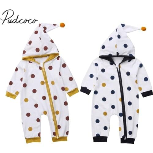 2018 Brand New Newborn Infant Baby Girls Boys Autumn Winter Romper Long Sleeve Cuspate Hooded Zipper Dot Jumpsuit Playsuit 0-24M