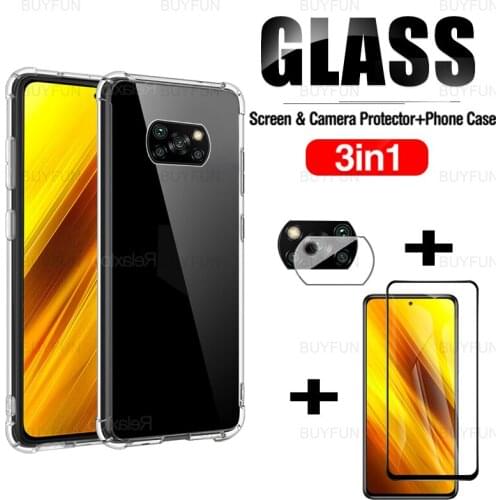 For Poco X3 Black Edge Tempered Glass For Xiaomi poco poko x3 m3 pro x3nfc f3 Transparent Silicone Case Lens Protection Film