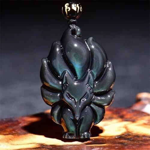 HFANCYW New Style Natural Rainbow Eye Obsidian 3D Nine-tailed Fox Fairy Pendant Obsidian Necklace for Men or Women Wholesale