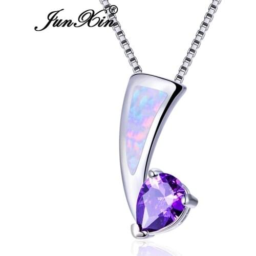 JUNXIN Minimalist Bridal Water Drop Zircon Pendant White Blue Fire Opal Necklaces For Women White Gold Filled Rainbow Jewelry