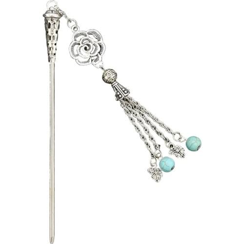 Chinese Vintage color Boho Long Flower Hair Sticks Metal Tassel for Women Wedding Blue Stone Chopsticks Hairpins Accessories