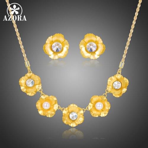 AZORA New Unique Design Gold Color Pearl Flower Pendant Necklace and Stud Earrings Bridal Jewelry Set Wedding Accessories TG0262