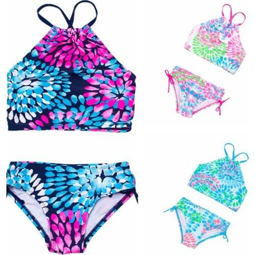 2Pcs Kids Summer Swimwear Children Summer Swimwear Floral Tops + Drawstring Briefs Suit Swimming Costume for Girls Set