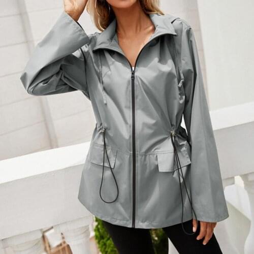 Mountaineering Jacket Hooded Zipper Long Sleeve Windbreaker Jacket Drawstring Flap Pockets Women Raincoat for Hiking