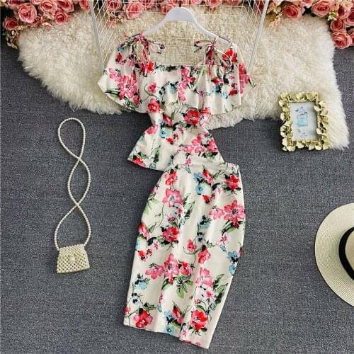 Summer Womne Elegant Print Office Work Two Piece Set Long Sleeve Ruffled Blouses Top + Sexy Bodycon Pencil Skirt Ladies Suit