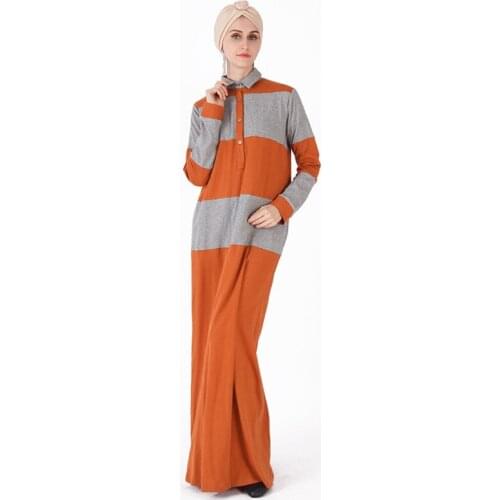 2021 New Muslim Womens Fashion Color Matching Long-Sleeved Plus Size Shirt Collar Dress Casual Knitted Long Skirt