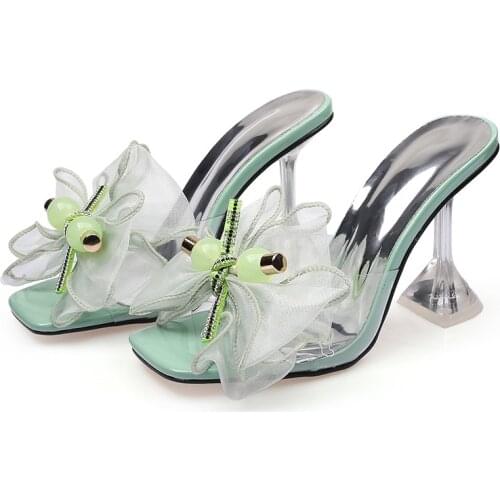 Newly Arrived Women Pumps 9CM Elegant High Heel Slippers Shallow Square Head Rhinestone Bow Tie Women Sandals Green Pink Black