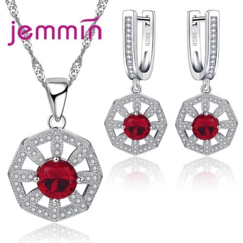 Authentic 925 Sterling Silver Brand Jewelry Sets Luxury Ruby Hollow Flower Necklace/Pendant/Earrings Sets for Women