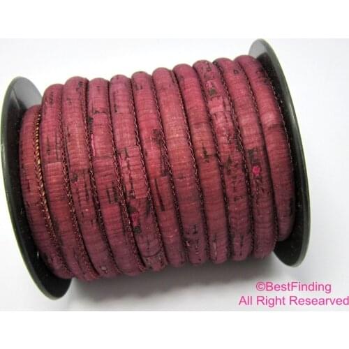 6mm Cork leather cord Stitched amaranth Round Portuguese cork