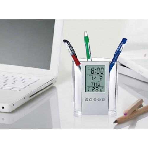 Transparent electronic clock pen holder alarm clock thermometer storage calendar office creative gifts factory direct sales
