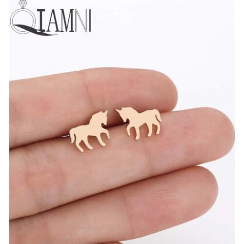QIAMNI Tiny Cute Unicorn Stud Earrings Birthday Gift Female Minimalist Horse Animal Piercing Earring Creative Jewelry Pendientes