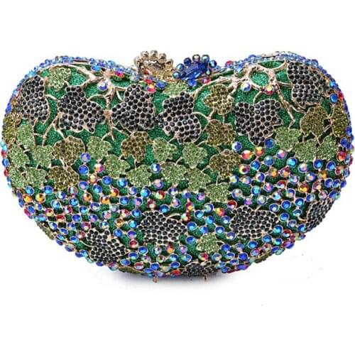 Luxury Blue Crystal Clutch Heart Shape Green Evening Clutches Bags Hollow Out Purses Rhinestone Women Chain Shoulder Handbags