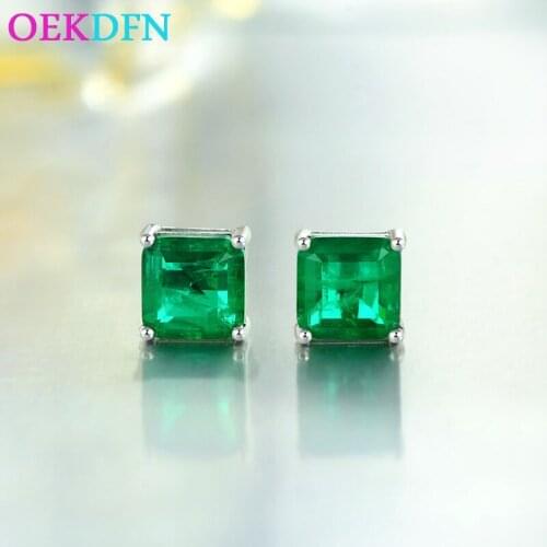 OEKDFN Real 925 Sterling Silver Stud Earrings For Women 7*7MM Vintage Emerald Gemstone Jewelry Party Wedding Accessories Gift