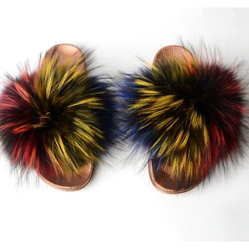 Summer Women Fox Fur Slippers Really Fox Hair Flip Flops Fluffy Plush Non Slip Indoor fur Slippers plat flip flops Sandals