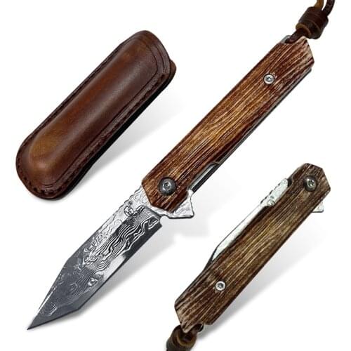 Damascus VG10 Steel Plate 5.4 Inch Mini Camel Bone Folding Knife with Leather Sheath Outdoor Camping Tactical EDC Tool