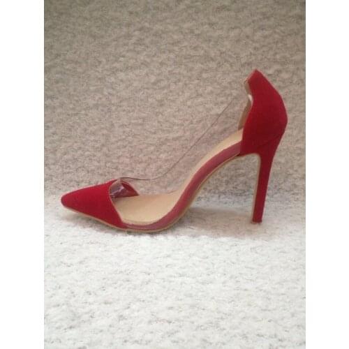 Red suede leather match PVC pointed toe woman lady girl high heel shoes pumps transparent PVC patchwork women party dress shoes