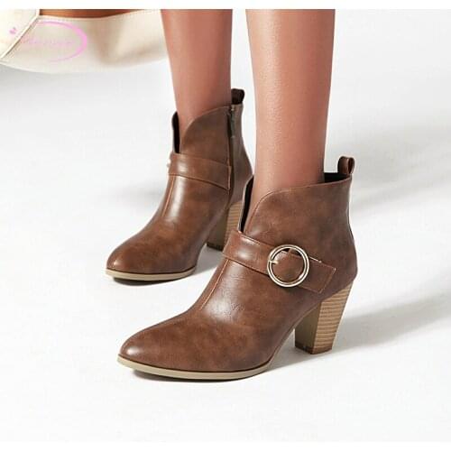 Street sexy pointed toe autumn motorcycle boots buckle zipper brown grey black ankle boots high heels chunky womens shoes