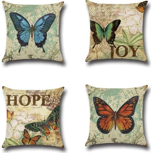 Retro Butterfly and Flower Cushion Cover Linen Vintage Pillowcase Decorative for Sofa Couch Bed Pillow Covers Home Decor 45*45cm