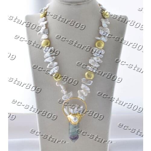 Z11201 19" White Biwa Pearl Gold-Plating Coin Necklace Fluorite Crystal-Column Pendant Woman Fashion Jewelry